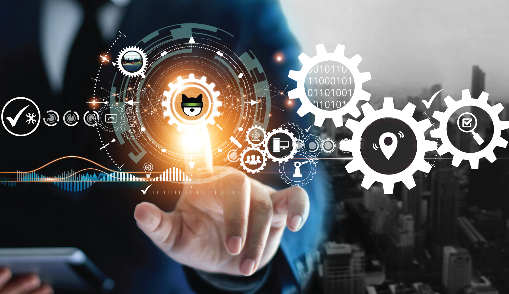 BUKI power button image A fabulous contemporary image of a person touching a digital circle floating in the air, with gear icons attached to it, a very fun image.